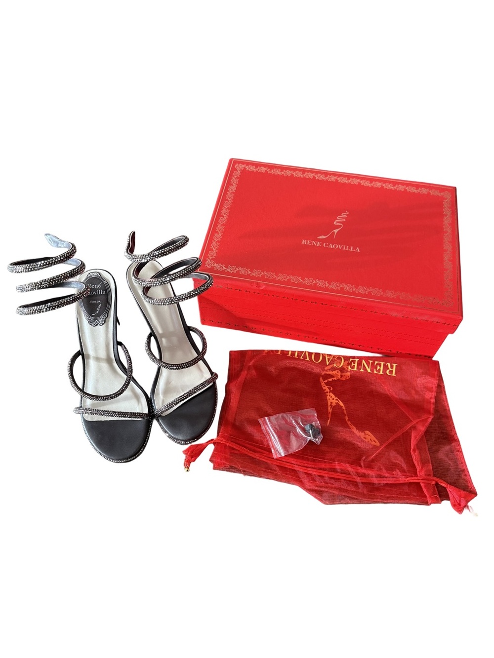 Rene Caovilla Dark Brown Cleo Crystal Satin Snake-Wrap Sandals